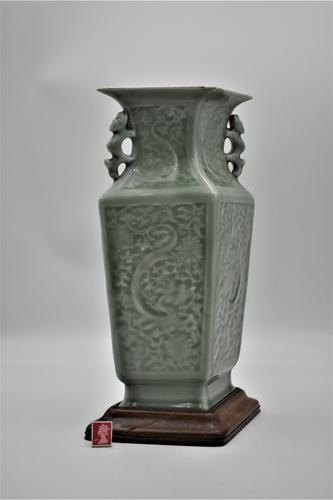 Chinese Celadon Vase on Wooden Stand - Rhombus Shaped (1 of 6) Chinese Celadon Vase on Wooden Stand - Rhombus Shaped (1 of 6)