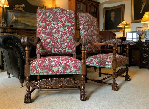 Immaculate Pair of Antique William Morris Upholstered Carolean Style Armchairs (1 of 12) Immaculate Pair of Antique William Morris Upholstered Carolean Style Armchairs (1 of 12)
