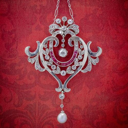 Antique Diamond Ruby Pearl Pendant Necklace Platinum 18ct Gold c.1915 Boxed (1 of 9)