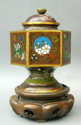 Japanese Cloisonne Lidded Vase on Hardwood Stand (1 of 7)