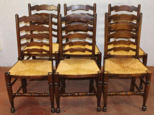 1900's Set of 6 Oak Ladder Back Dining Chairs. Rush Seats (1 of 4)