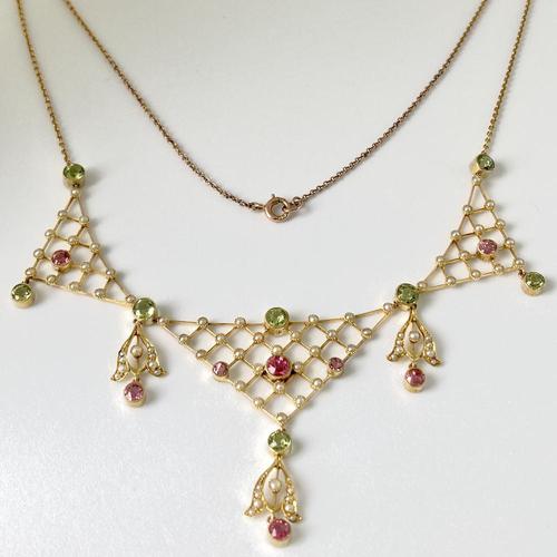 Antique Edwardian 1.50 Carat Peridot & 1.00 Carat Pink Tourmaline & Pearl Necklace (1 of 8)