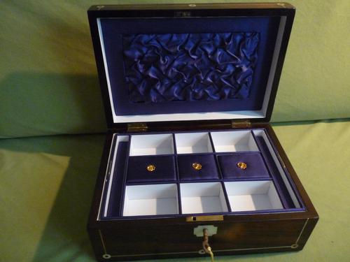 Inlaid Rosewood Jewellery Box + Tray. Plush Interior c 1845 (1 of 12)