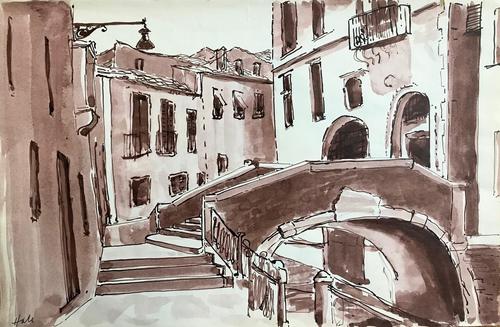Original sepia watercolour 'a canal in Venice' by Helen Hale. ROI. B.1936 Signed c.1970 (1 of 1) Original sepia watercolour 'a canal in Venice' by Helen Hale. ROI. B.1936 Signed c.1970 (1 of 1)