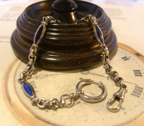 Antique Pocket Watch Chain 1920s Art Nouveau Chrome & Vivid Blue Glass Albert (1 of 11)