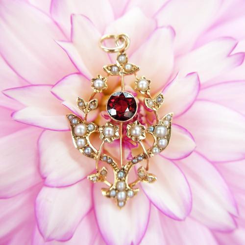 Antique 15ct Gold Garnet & Pearl Floral Pendant, Art Nouveau Victorian Pendant (1 of 5)