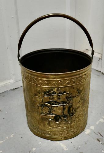 Embossed Brass Coal Bucket with a Tea Clipper Sea Scene (1 of 5)