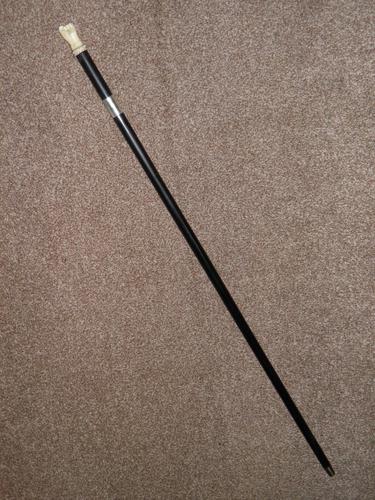 Antique Ebony Walking Stick with Hand Carved Fist Top & Nickel Collar - 91cm (1 of 12)