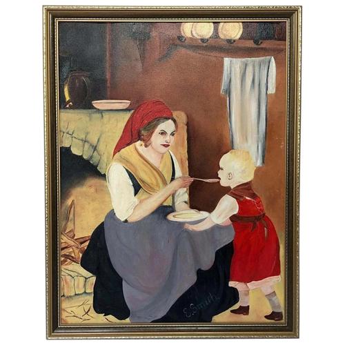Oil Folk Art Painting Dutch Mother In Kitchen Feeding Her Child (1 of 13) Oil Folk Art Painting Dutch Mother In Kitchen Feeding Her Child (1 of 13)
