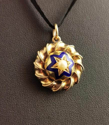 Victorian Gold Blue Enamel Star Locket, Split Pearl (1 of 13)