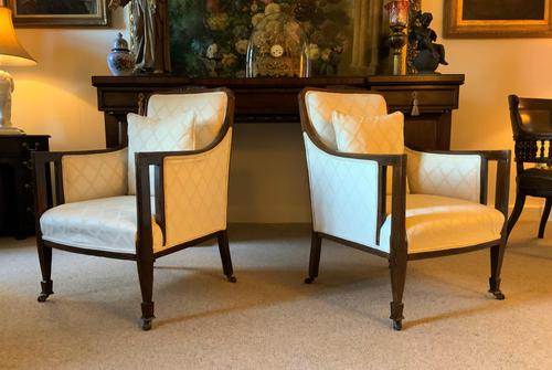 Exceptional Pair of Mahogany Inlaid Linen Silk Upholstered Bergere Armchairs (1 of 12) Exceptional Pair of Mahogany Inlaid Linen Silk Upholstered Bergere Armchairs (1 of 12)