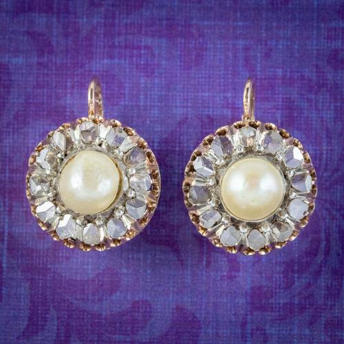 Antique Victorian Rose Cut Diamond Natural Pearl Earrings 3.60ct of Diamond 18ct Gold c.1880 (1 of 7) Antique Victorian Rose Cut Diamond Natural Pearl Earrings 3.60ct of Diamond 18ct Gold c.1880 (1 of 7)