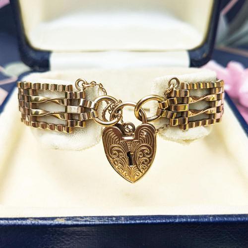 Vintage 9ct Yellow Gold Four Bar Gate & Padlock Bracelet, 7.5 Inch (1 of 12) Vintage 9ct Yellow Gold Four Bar Gate & Padlock Bracelet, 7.5 Inch (1 of 12)