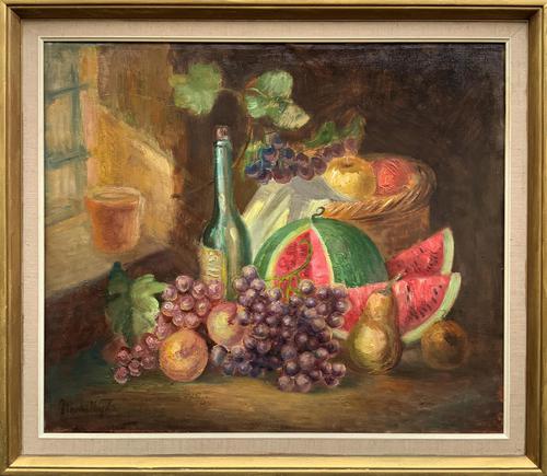 20th Century Vintage Impressionist Still Life Study Oil Painting of Fruit & Wine (1 of 9)