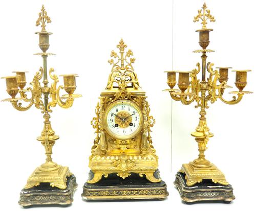Superb Antique French Ormolu Mantel Candelabra Clock Set Embossed Decoration Finial 8 Day Striking (1 of 15) Superb Antique French Ormolu Mantel Candelabra Clock Set Embossed Decoration Finial 8 Day Striking (1 of 15)