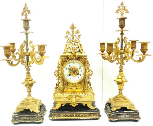 Superb Antique French Ormolu Mantel Candelabra Clock Set Embossed Decoration Finial 8 Day Striking (1 of 15)