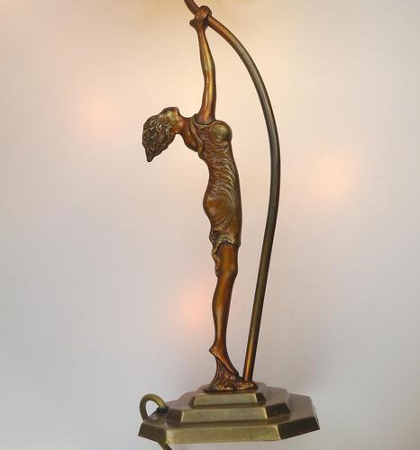 An Unusual Stylised Maiden Art Deco Table Lamp & Shade C.1920's (1 of 11)