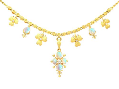 3.45ct Opal & 0.27ct Diamond, 22ct Yellow Gold Necklace - Antique c.1890 (1 of 9) 3.45ct Opal & 0.27ct Diamond, 22ct Yellow Gold Necklace - Antique c.1890 (1 of 9)