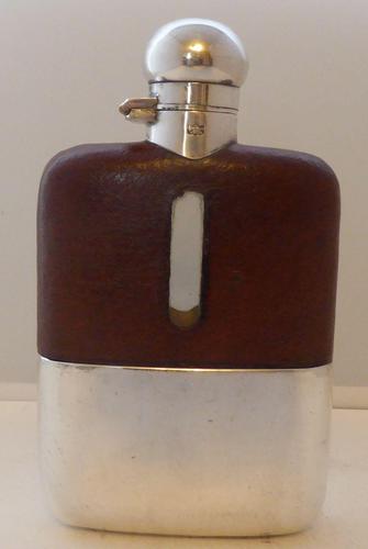 Silver Plate Plated Palm Leather Bound Glass Hip Flask James Dixon 1/8 pint c.1930 (1 of 15)