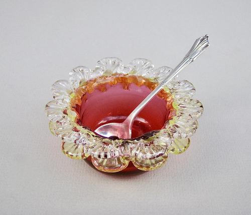 Victorian Cranberry & Uranium Glass Salt with Victorian Silver Salt Spoon, Chester 1896 (1 of 5)