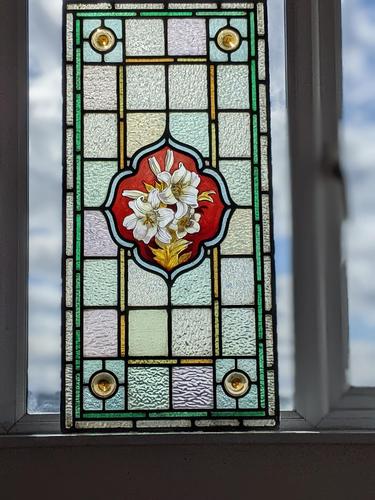 Rare Early Victorian Stained Glass Panel with Hand Painted Lilies (1 of 8) Rare Early Victorian Stained Glass Panel with Hand Painted Lilies (1 of 8)