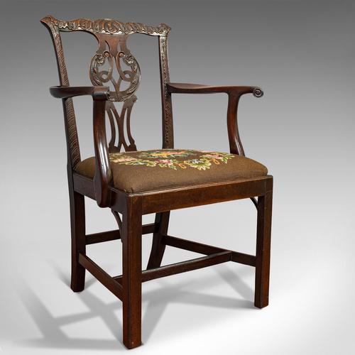 Antique Carver Chair, English, Mahogany, Needlepoint, Elbow, Chippendale Style (1 of 12)