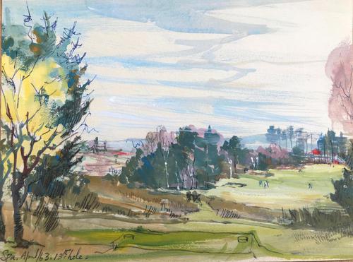 Original Gouache 'Spa, April 63 13th Hole' by Barbara Brassey 1911-2010. Dated April 63 (1 of 1) Original Gouache 'Spa, April 63 13th Hole' by Barbara Brassey 1911-2010. Dated April 63 (1 of 1)