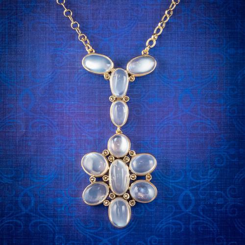 Antique Victorian Moonstone Lavaliere Pendant Necklace Silver 18ct Gold Gilt c.1880 (1 of 6)