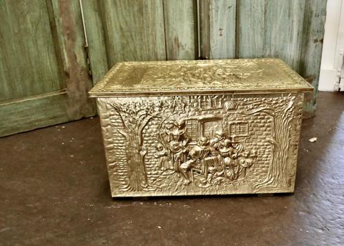 Embossed Brass Log or Coal Box, or Slipper Box with Tavern Scenes (1 of 6) Embossed Brass Log or Coal Box, or Slipper Box with Tavern Scenes (1 of 6)