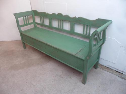 Large 3/4 Seater Painted Light Green Antique Pine Kitchen / Hall Box Settle / Bench (1 of 9)