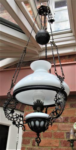 Edwardian Cast Iron and Glass Rise and Fall Oil Lamp c.1900 (1 of 10)