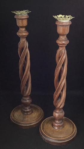 Pair of Tall Edwardian Mahogany Open Twist Candlesticks (1 of 6) Pair of Tall Edwardian Mahogany Open Twist Candlesticks (1 of 6)