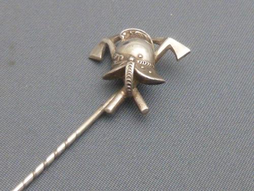 Victorian Silver Firemans Helmet and Axe Stickpin (1 of 5)