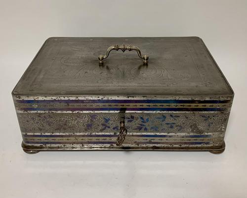 Rare Antique Victorian Etched Steel Strongbox Safe with Key (1 of 14)