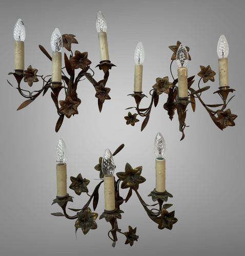 Vintage French Set of Three Wall Lights Sconces Rustic Gilt Bronze Lilies (1 of 10)