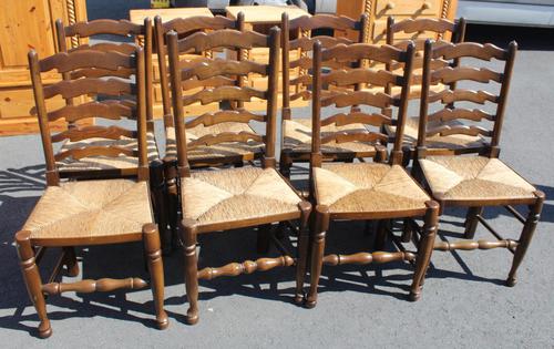 1940's Set of 8 Oak Ladder Back Dining Chairs with Rush Seats (1 of 3) 1940's Set of 8 Oak Ladder Back Dining Chairs with Rush Seats (1 of 3)