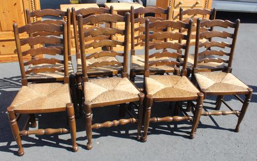 1940's Set of 8 Oak Ladder Back Dining Chairs with Rush Seats (1 of 3)