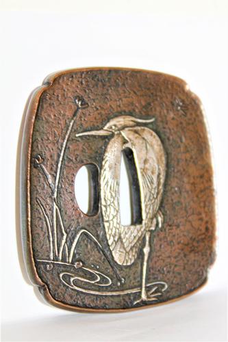 Fine & Heavy Signed Bronze Tsuba Overlaid with a Silver Heron (1 of 7)