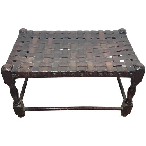 Art Deco Original English Handmade Oak & Leather Strapped Brass Studded Footstool (1 of 22)