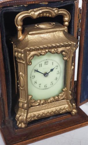 Antique Travelling Miniature Carriage Clock - Original Leather Case Made of Gilt Metal with Enamel Dial Mantel Clock (1 of 12) Antique Travelling Miniature Carriage Clock - Original Leather Case Made of Gilt Metal with Enamel Dial Mantel Clock (1 of 12)