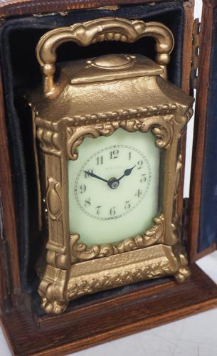 Antique Travelling Miniature Carriage Clock - Original Leather Case Made of Gilt Metal with Enamel Dial Mantel Clock (1 of 12)