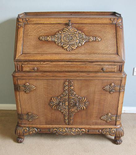 Quality Antique Unusual Carved Oak Writing Desk Bureau (1 of 15)