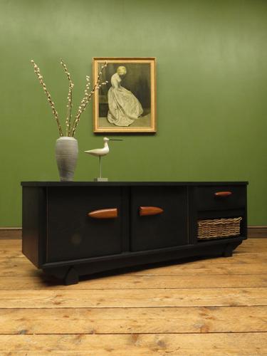 Vintage Mid Century Black Painted Sideboard, TV Cabinet with Basket, Gothic (1 of 14)