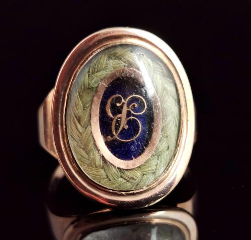 Antique Georgian Mourning Ring, 18ct Gold, Blue Enamel & Hairwork (1 of 1)