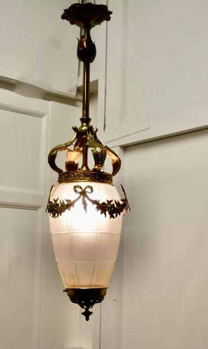 French Opalescent Glass & Brass Hanging Pendant Light (1 of 8)