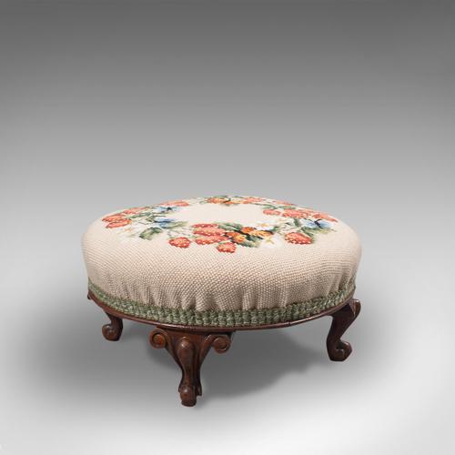 Small Antique Footstool, English, Walnut, Needlepoint Tapestry, Early Victorian (1 of 12)