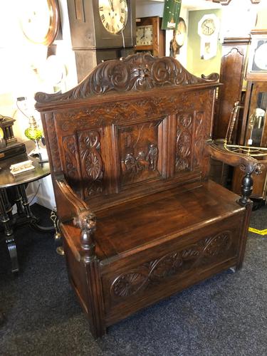 Victorian Antique Green Man Carved Oak Settle / Hall Seat / Monks Bench (1 of 10)