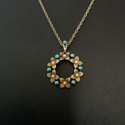 Antique Art Nouveau 15ct Gold Floral Pendant, Pearl & Turquoise, 9ct Gold Necklace (1 of 12)