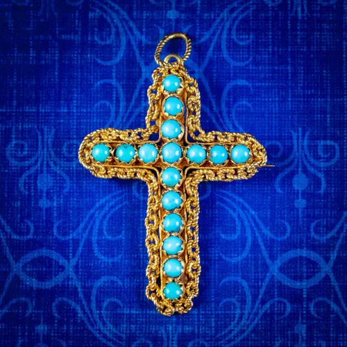 Antique Victorian Turquoise Cannetille Cross Pendant Brooch 18ct Gold c.1860 (1 of 5)