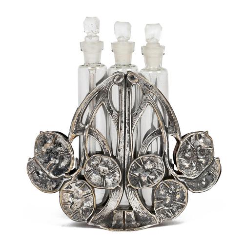 Continental Art Nouveau Silver Plated Scent Bottle Holder with Three Scent Bottles (1 of 15)